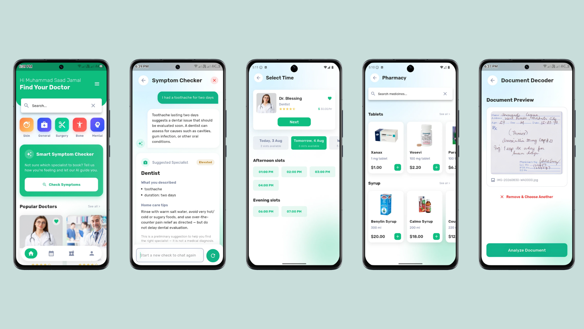 Doctor Hunt app screens: doctor discovery, appointment booking, and pharmacy integration