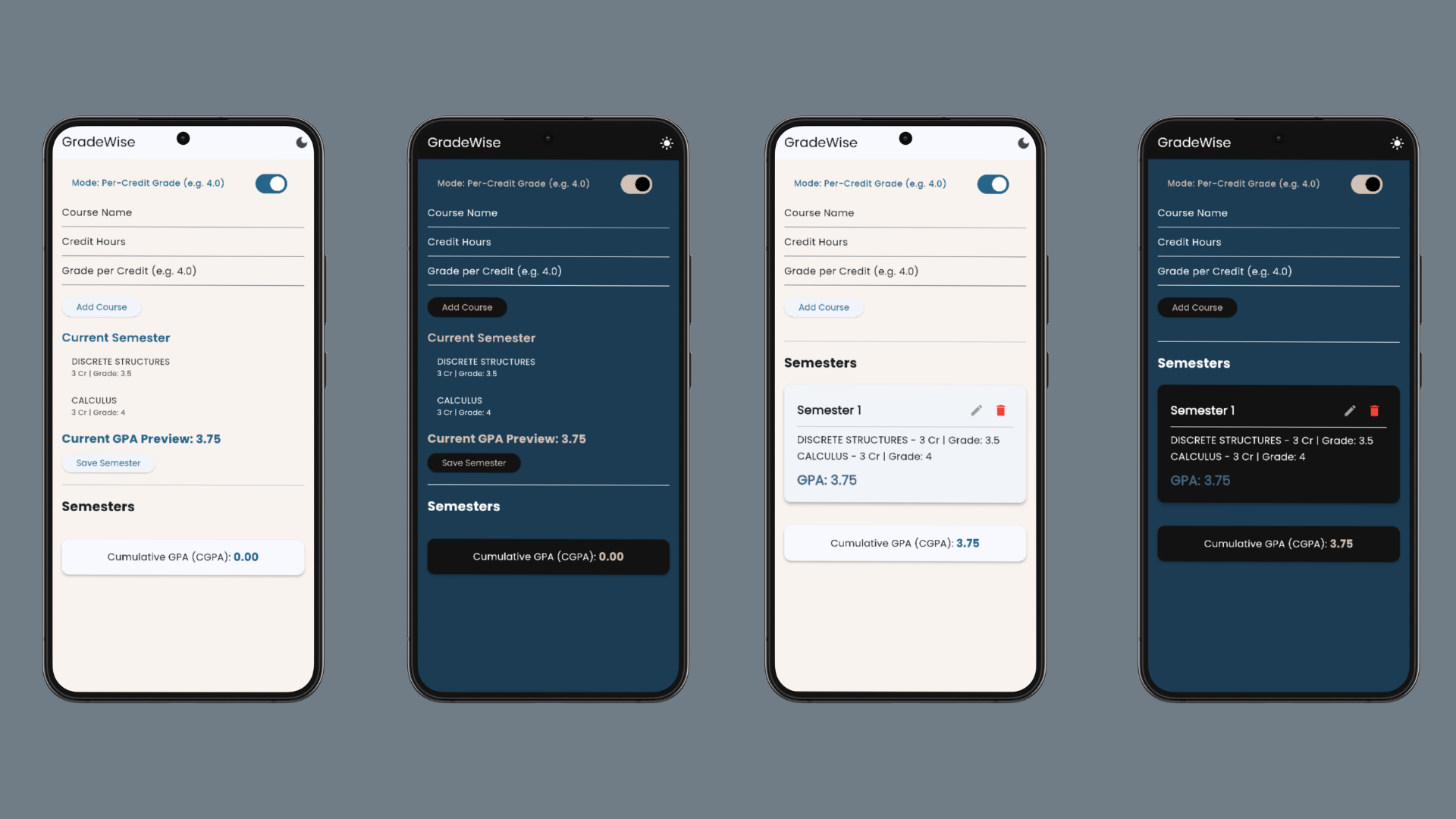 Grade Wise app screens: GPA calculator, semester management, and grade preview