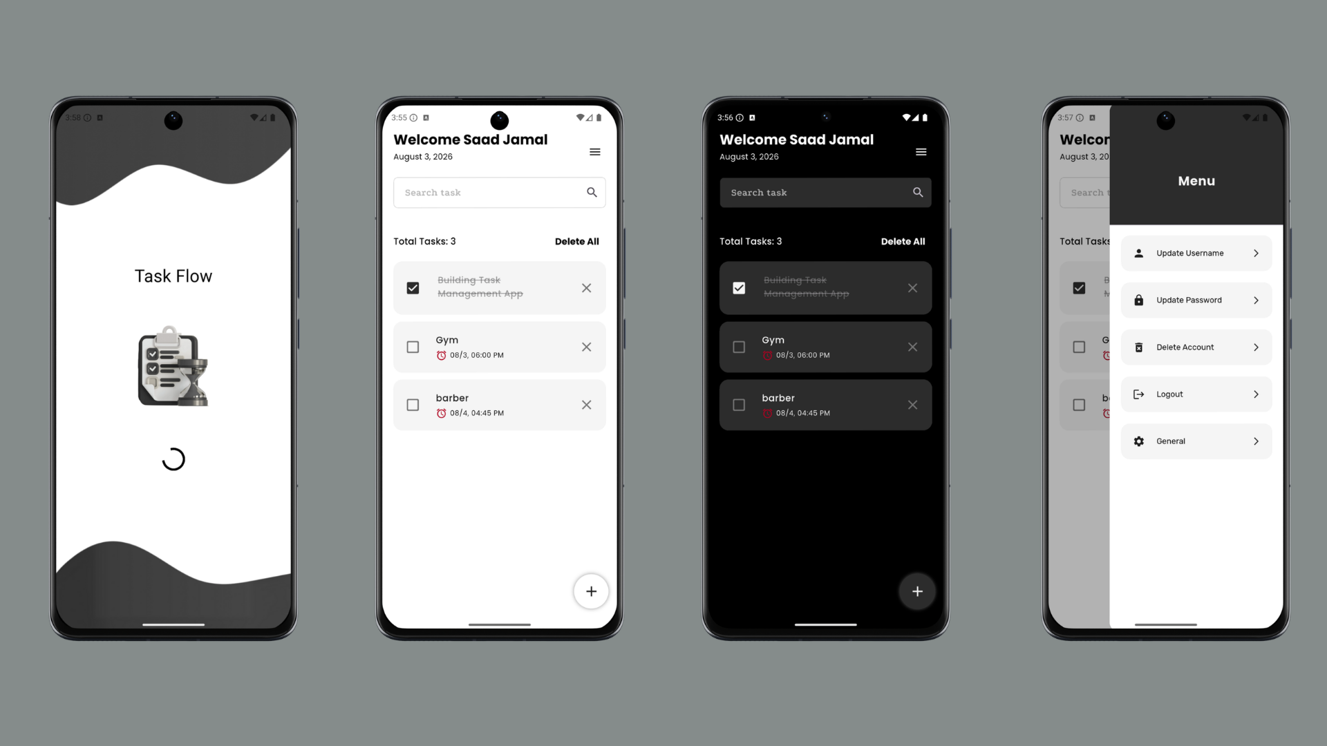 Task Flow app screens: task list, reminders, and sync